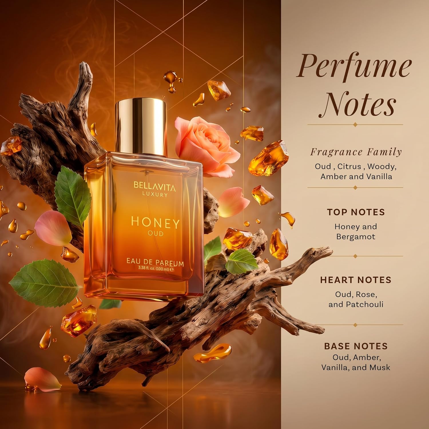Bellavita Luxury Honey Oud Eau de Parfum | 100 ml (3.4 fl.oz.) | Perfume for Men and Women | Sweet Honey, Bergamot, Oud, and Amber Notes | Women's Day Special - Image 4
